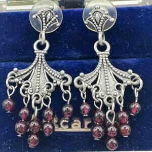 Silver tone genuine almandine garnets beads beaded dangle drop post earrings